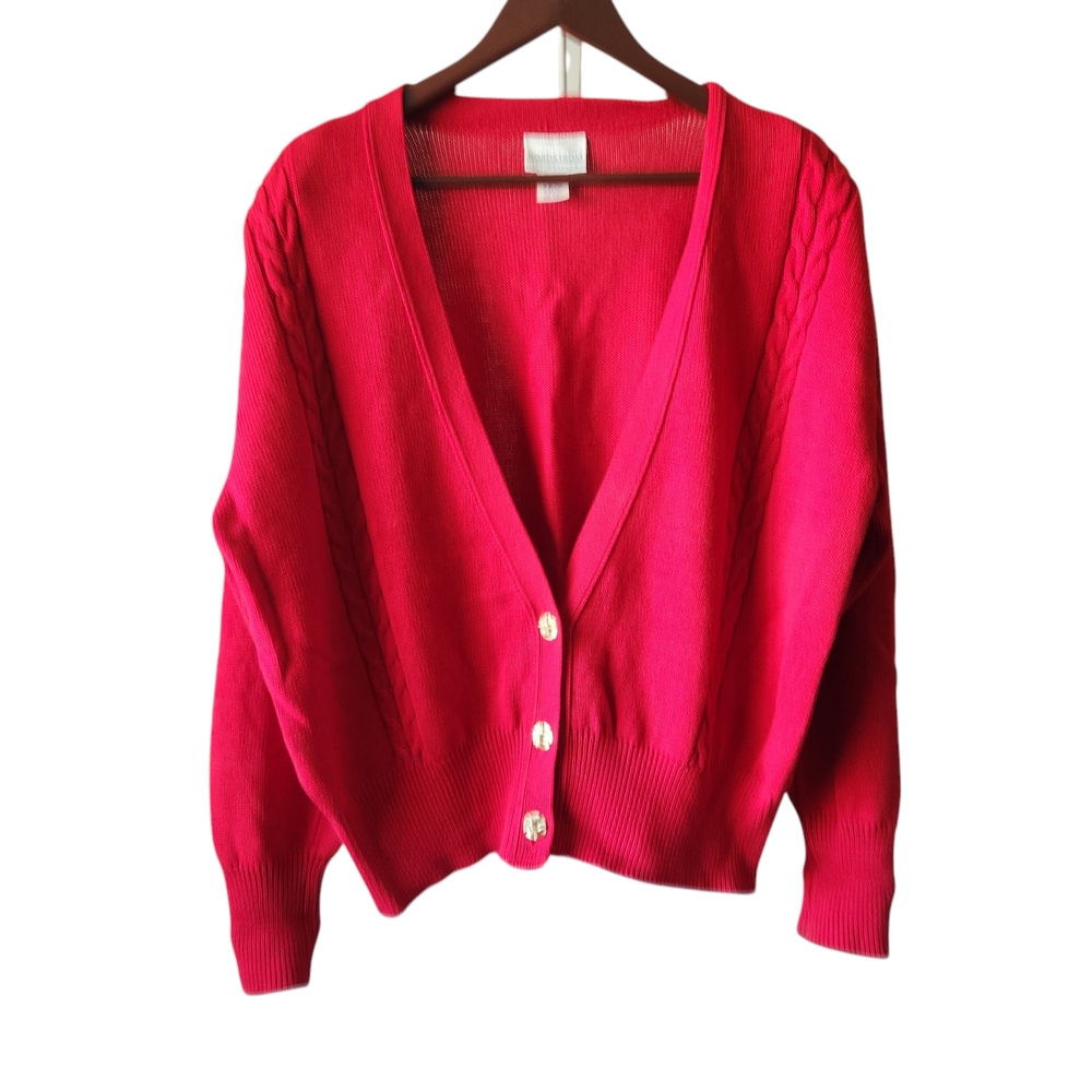 VTG Nordstrom Red V-Neck Cardigan Sweater Knit Classic Quiet Luxury XL